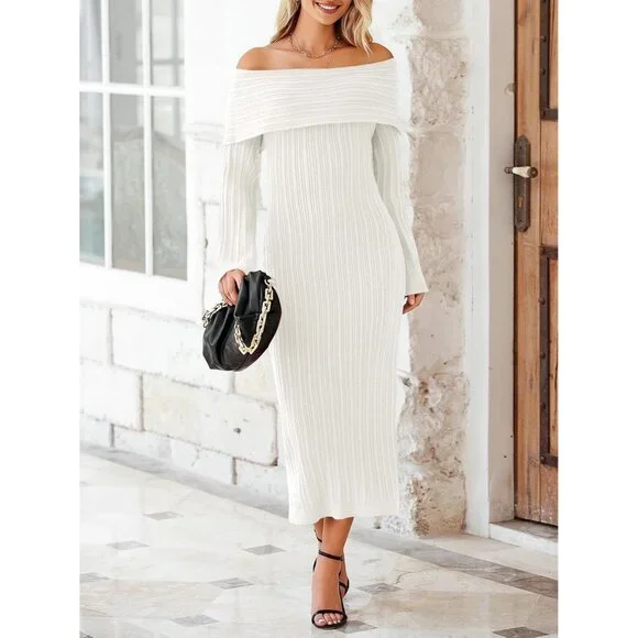 Women s Off Shoulder Maxi Sweater Dress Long Sleeve Bodycon Elegant Casual